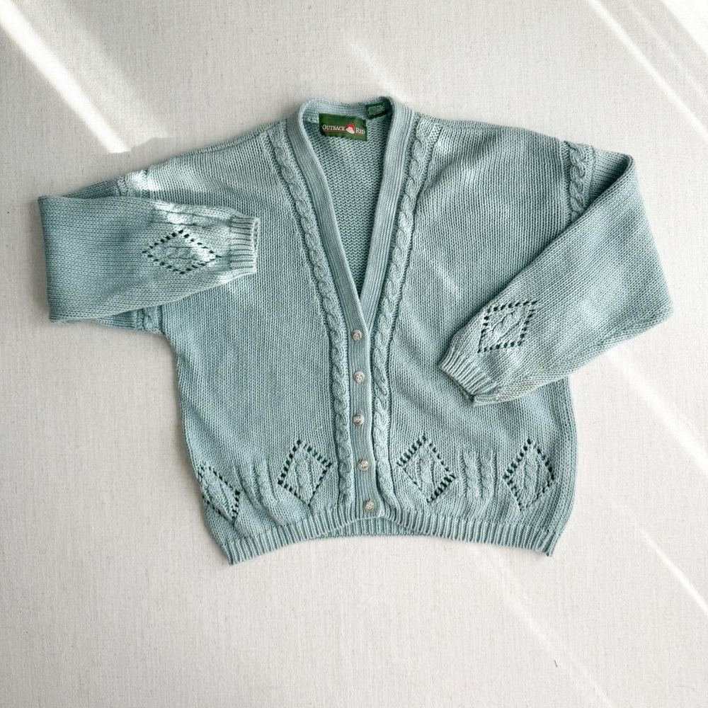 vtg‎ Outback Red robins egg blue cardigan sweater